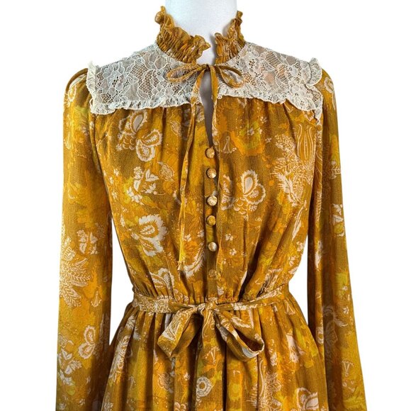 Tahari ASL Lace-Trim BOHO Tiered Split-Neck Dress in Mustard/Ivory Womens Size 4 - Picture 10 of 11